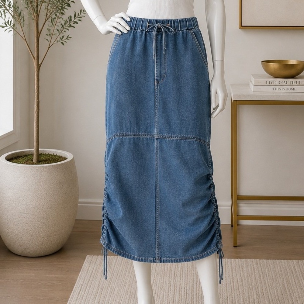 Lelis Collection Womens Denim Skirt Bungee Cord Cinch Midi Blue Small